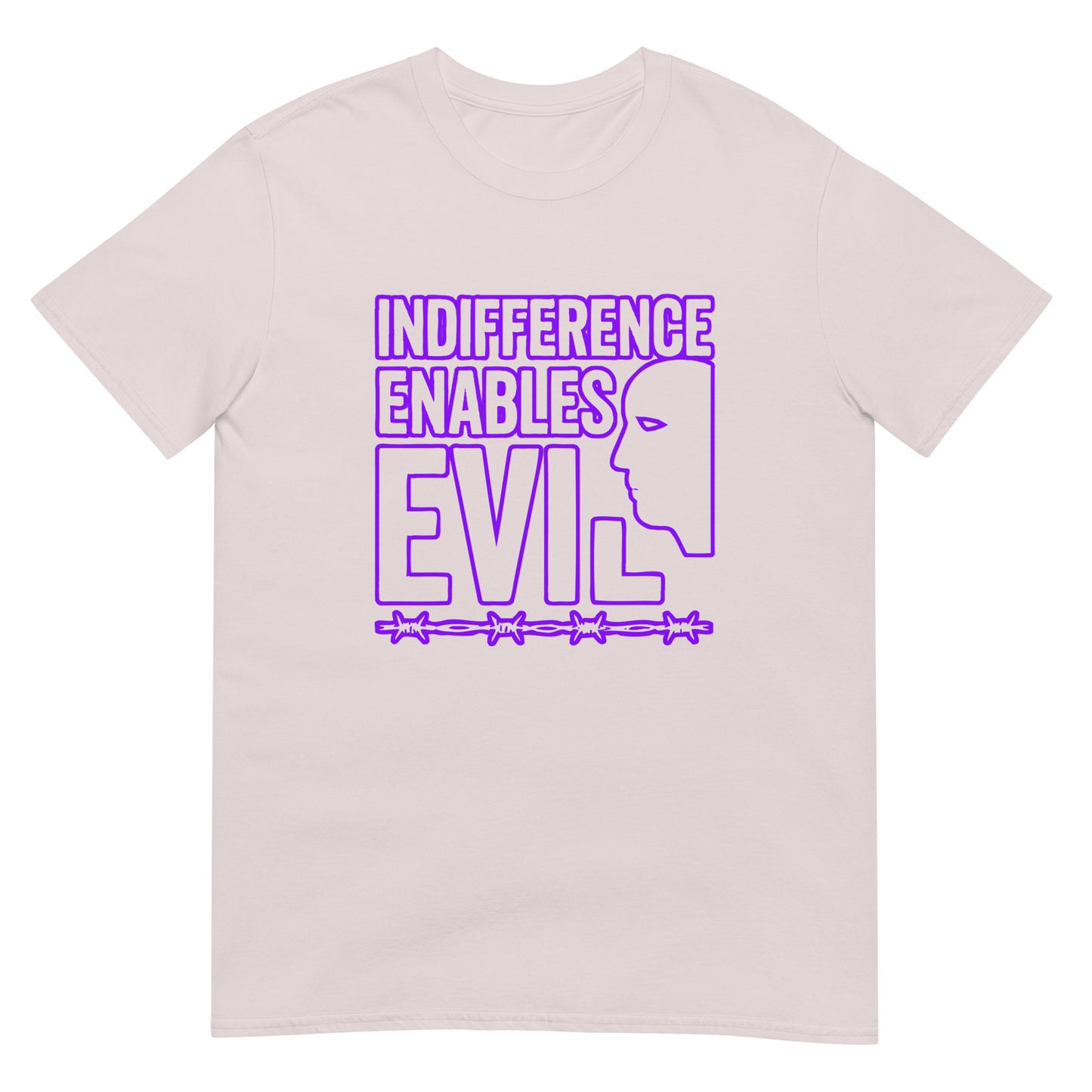 Ice grey unisex t-shirt displaying the bold message ‘Indifference Enables Evil’ in blocky, purple lettering. The phrase is centered on the chest, with the words arranged in a clean, impactful typeface reminiscent of a poster—emphasizing moral responsibility over passivity.