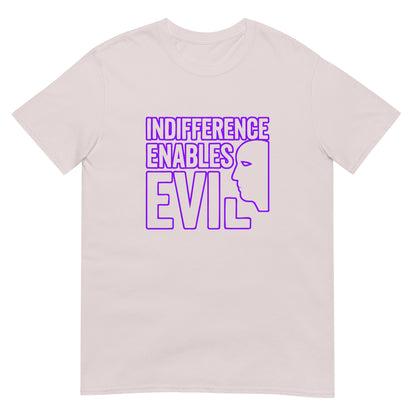Ice grey t-shirt with design in purple ink the words "indifference enables evil" with a profile line drawing of a face.