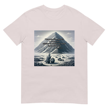Ice grey t-shirt with graphic of mountain and Asian man the words “The man who moves a mountain begins by carrying away small stones.”