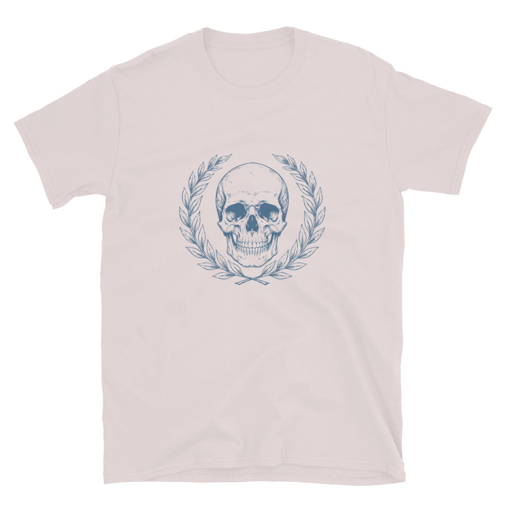 Ice grey t-shirt with engraved Roman-style skull with laurel wreath in minimalist stoic philosophy design