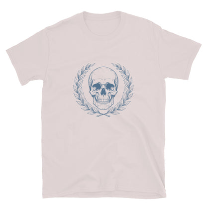 Ice grey t-shirt with engraved Roman-style skull with laurel wreath in minimalist stoic philosophy design