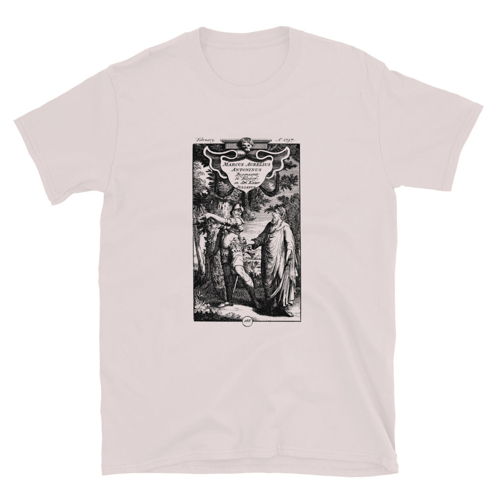 Ice grey t-shirt showing a historic engraving featuring Marcus Aurelius and Julian the Apostate