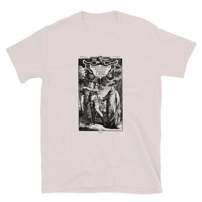 Ice grey t-shirt showing a historic engraving featuring Marcus Aurelius and Julian the Apostate