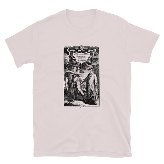 Ice grey t-shirt showing a historic engraving featuring Marcus Aurelius and Julian the Apostate