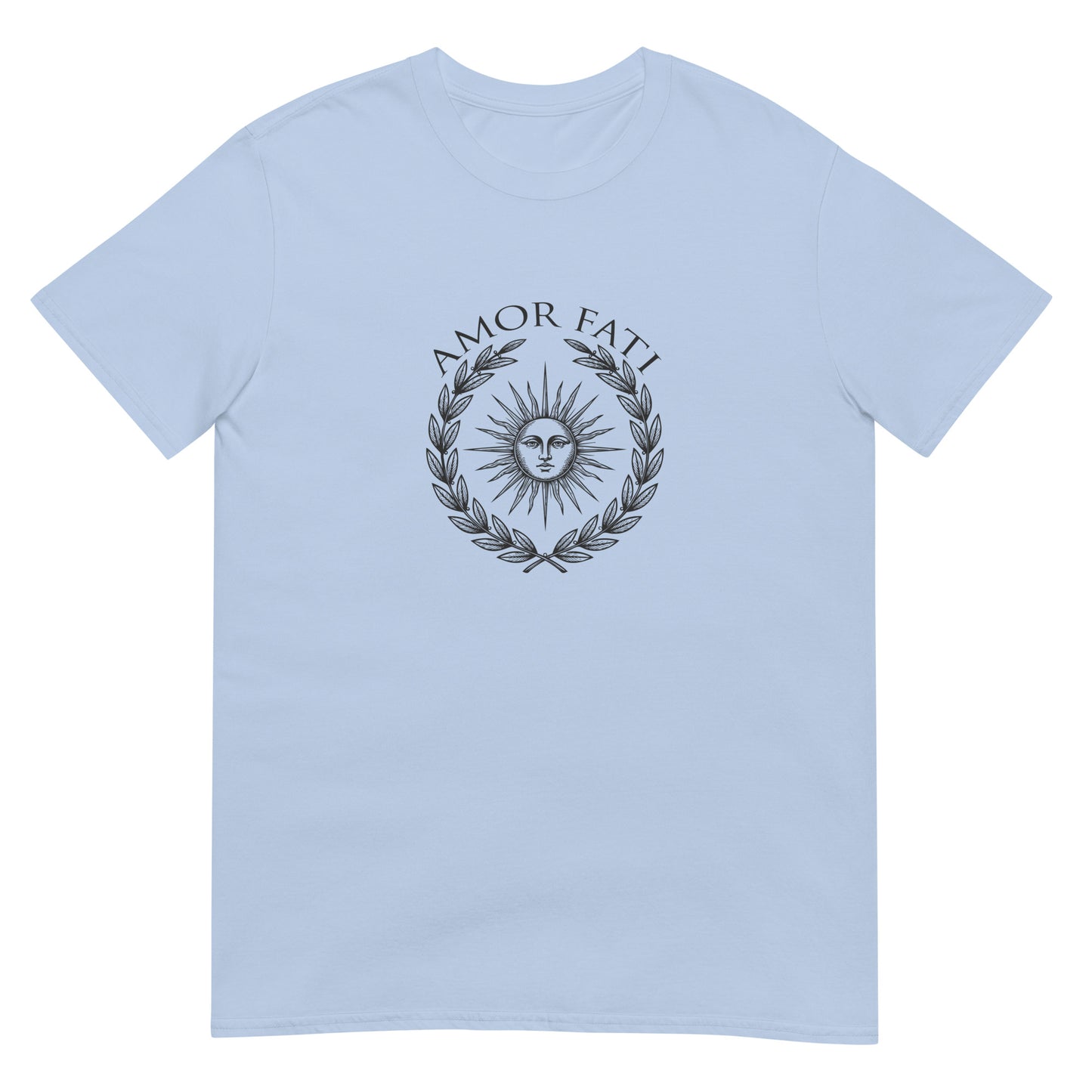 Light blue classical Stoic philosophy t-shirt design featuring a radiant sun centered within a laurel wreath, rendered in an engraved vintage style emblem representing Amor Fati acceptance and Stoic wisdom.