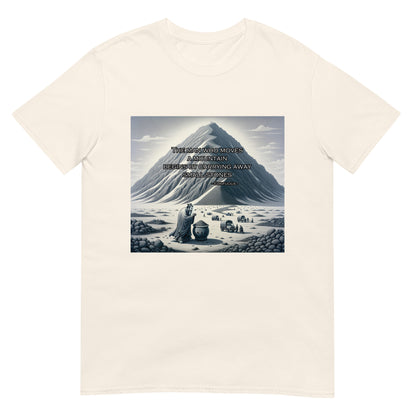 White t-shirt with graphic of mountain and Asian man the words “The man who moves a mountain begins by carrying away small stones.”
