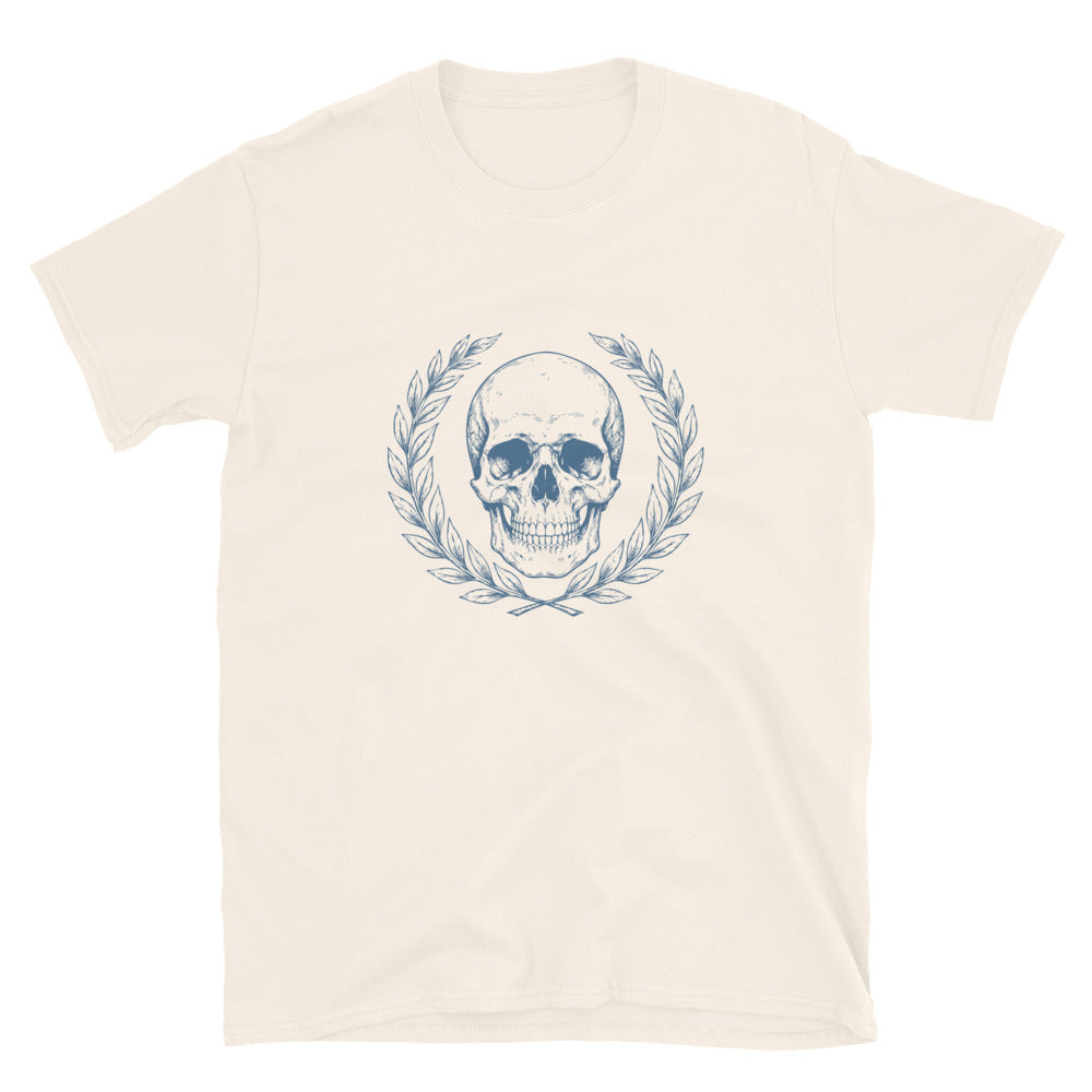 Natural t-shirt with engraved Roman-style skull with laurel wreath in minimalist stoic philosophy design
