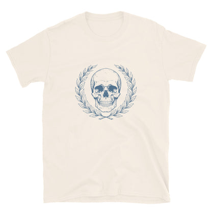 Natural t-shirt with engraved Roman-style skull with laurel wreath in minimalist stoic philosophy design