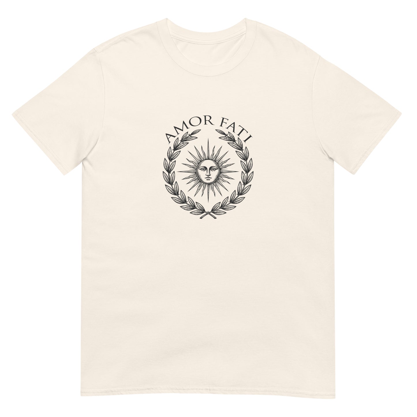 Natural classical Stoic philosophy t-shirt design featuring a radiant sun centered within a laurel wreath, rendered in an engraved vintage style emblem representing Amor Fati acceptance and Stoic wisdom.