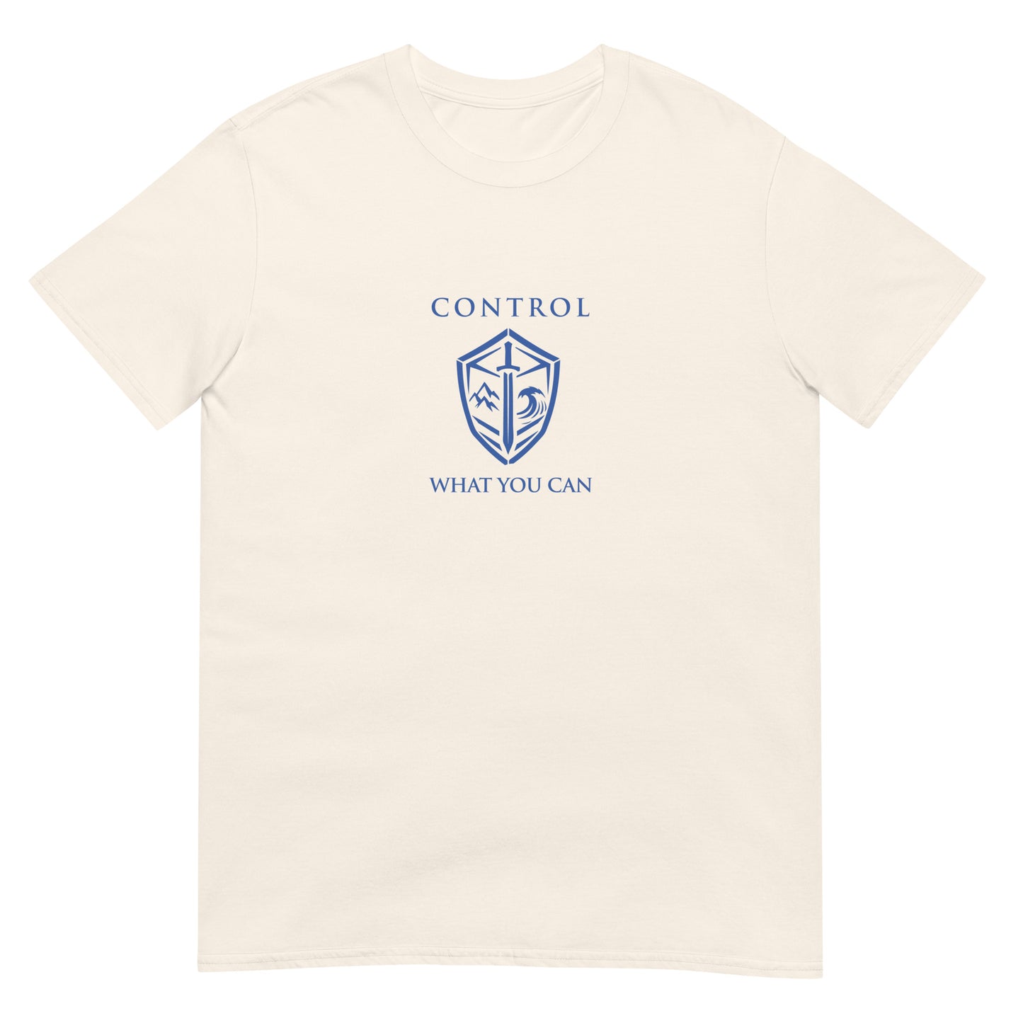 Natural Control What You Can Stoic philosophy t-shirt featuring a minimalist shield emblem with structured serif typography in a clean symmetrical design.