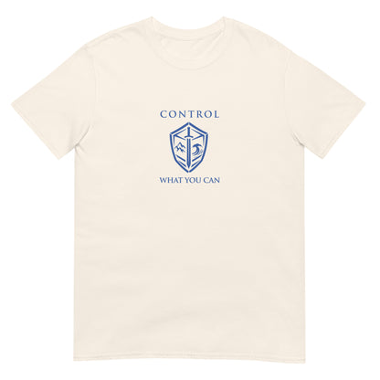 Natural Control What You Can Stoic philosophy t-shirt featuring a minimalist shield emblem with structured serif typography in a clean symmetrical design.