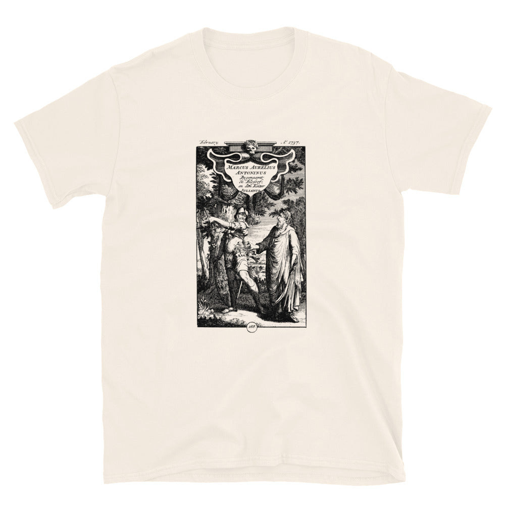 Natural t-shirt showing a historic engraving featuring Marcus Aurelius and Julian the Apostate