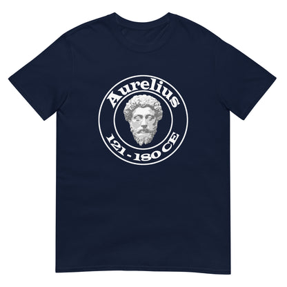 Navy Blue unisex t-shirt featuring a circular white graphic with a marble-style bust of Marcus Aurelius at the center. The name "Aurelius" is written above the bust, and the dates "121–180 CE" are written below, all enclosed within the circle.