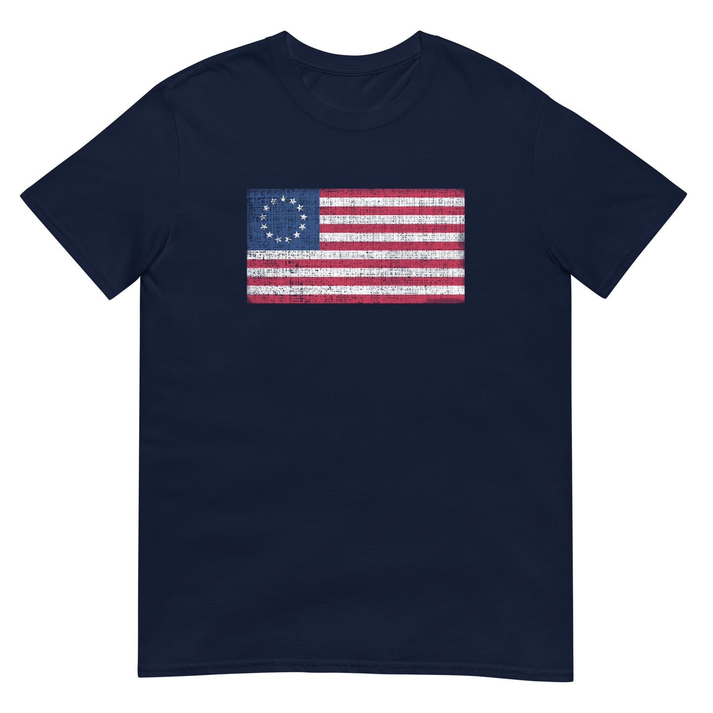 Navy Blue unisex t-shirt with a distressed  image of a Betsy Ross Flag with 13 stars.