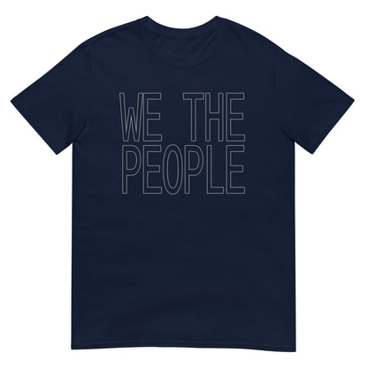 Navy blue t-shirt with the words 'WE THE PEOPLE' in white ink outlines of large block letters.