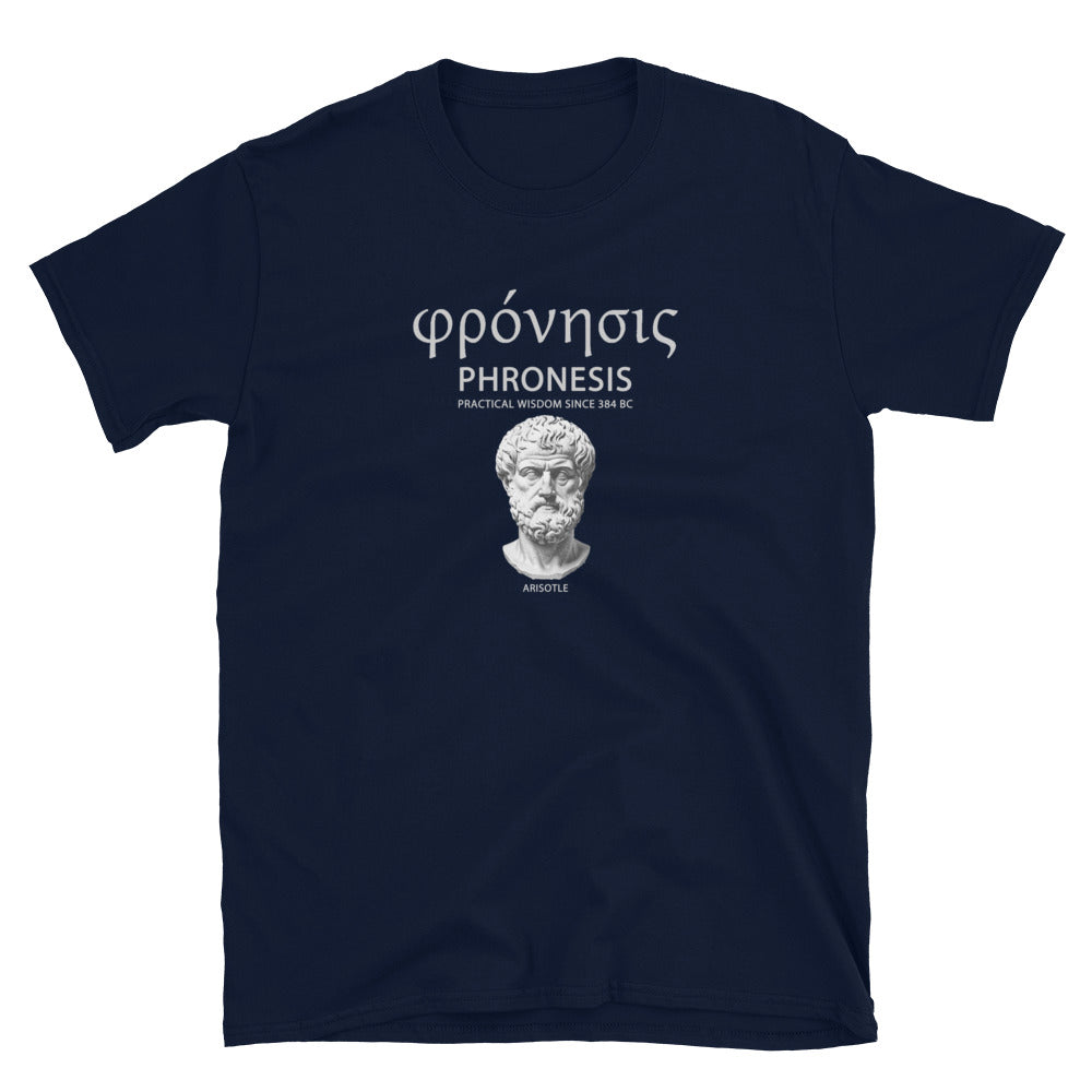 Navy blue unisex t-shirt featuring Aristotle design with Greek word φρόνησις (Phronesis), text “Practical Wisdom Since 384 BC,” and Aristotle illustration.