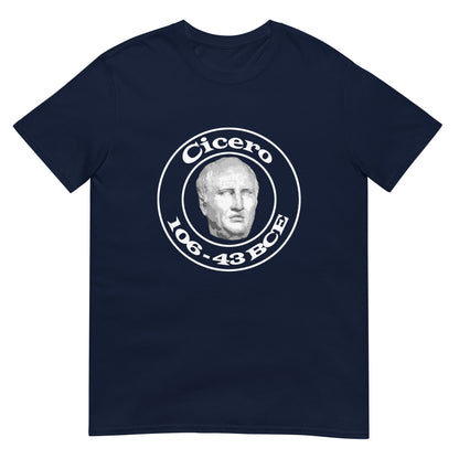 navy t-shirt with collegiate style design, concentric circles in the center a bust of Cicero, the Roman philosopher with his name and dates 106-43 BCE