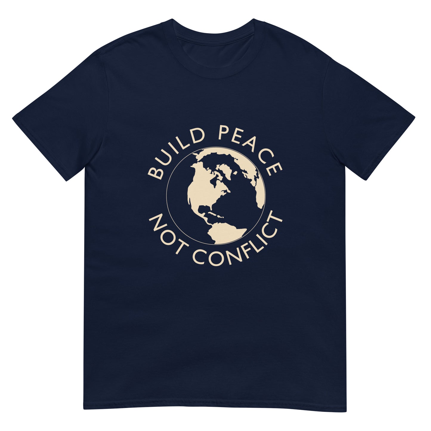 Navy blue t-shirt with Earth graphic and the words “Build Peace Not Conflict” in a circular design, inspired by Kant’s Perpetual Peace philosophy