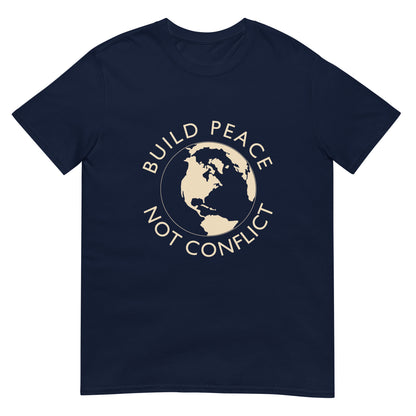 Navy blue t-shirt with Earth graphic and the words “Build Peace Not Conflict” in a circular design, inspired by Kant’s Perpetual Peace philosophy