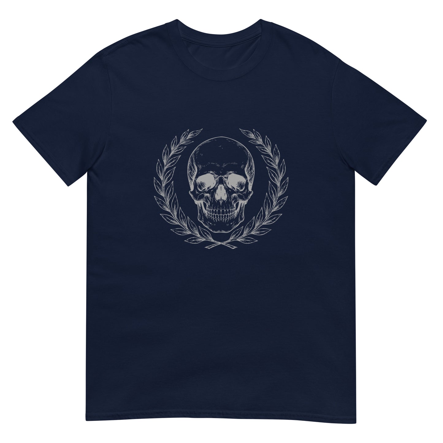 Navy blue t-shirt with engraved Roman-style skull with laurel wreath in minimalist stoic philosophy design