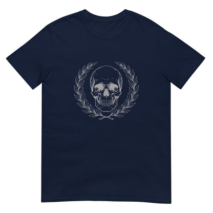 Navy blue t-shirt with engraved Roman-style skull with laurel wreath in minimalist stoic philosophy design