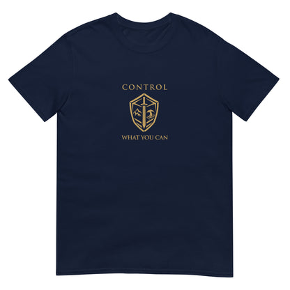 Navy blue Control What You Can Stoic philosophy t-shirt featuring a minimalist shield emblem with structured serif typography in a clean symmetrical design.