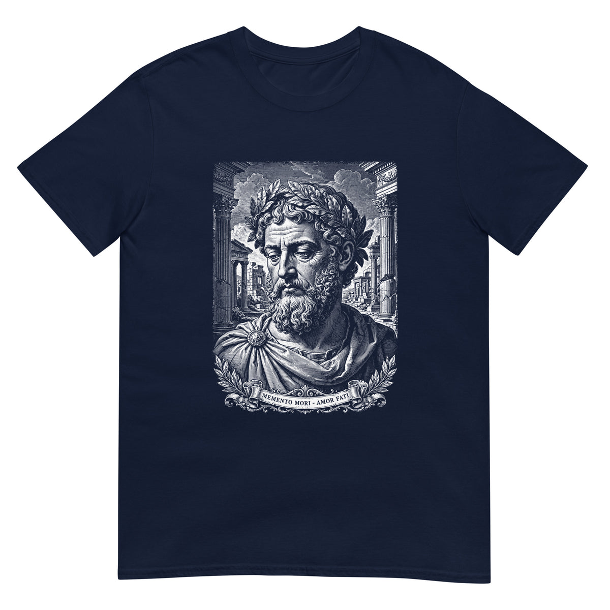 Navy Memento Mori Amor Fati T-shirt featuring a Marcus Aurelius-inspired portrait with Roman columns and engraved-style artwork