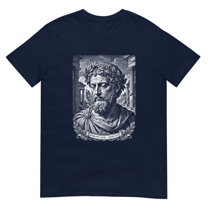 Navy Memento Mori Amor Fati T-shirt featuring a Marcus Aurelius-inspired portrait with Roman columns and engraved-style artwork