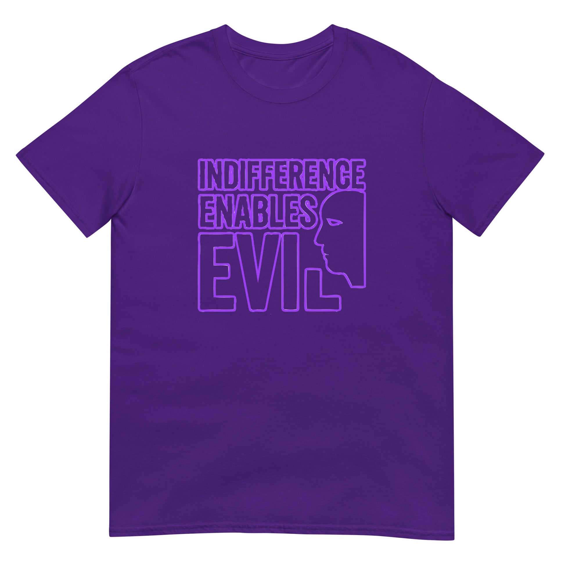 Purple t-shirt with design in purple ink the words "indifference enables evil" with a profile line drawing of a face.