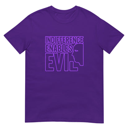 Purple t-shirt with design in purple ink the words "indifference enables evil" with a profile line drawing of a face.