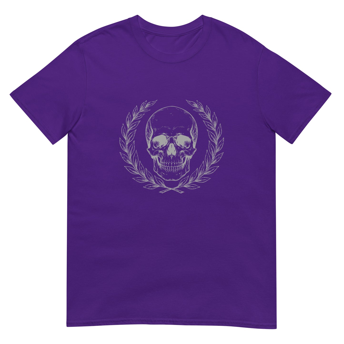 Purple t-shirt with engraved Roman-style skull with laurel wreath in minimalist stoic philosophy design