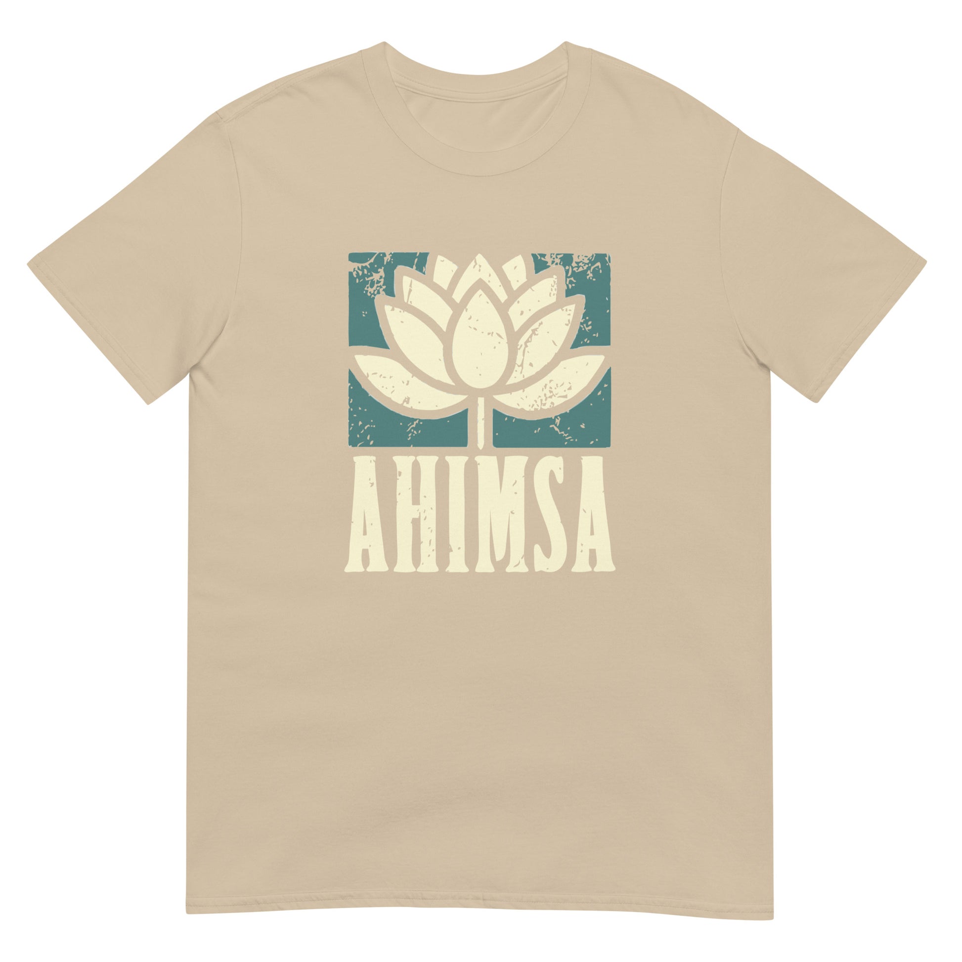 Sand t-shirt with distressed lotus flower graphic above the word “AHIMSA,” representing nonviolence, peace, and compassion