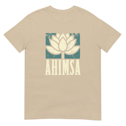 Sand t-shirt with distressed lotus flower graphic above the word “AHIMSA,” representing nonviolence, peace, and compassion