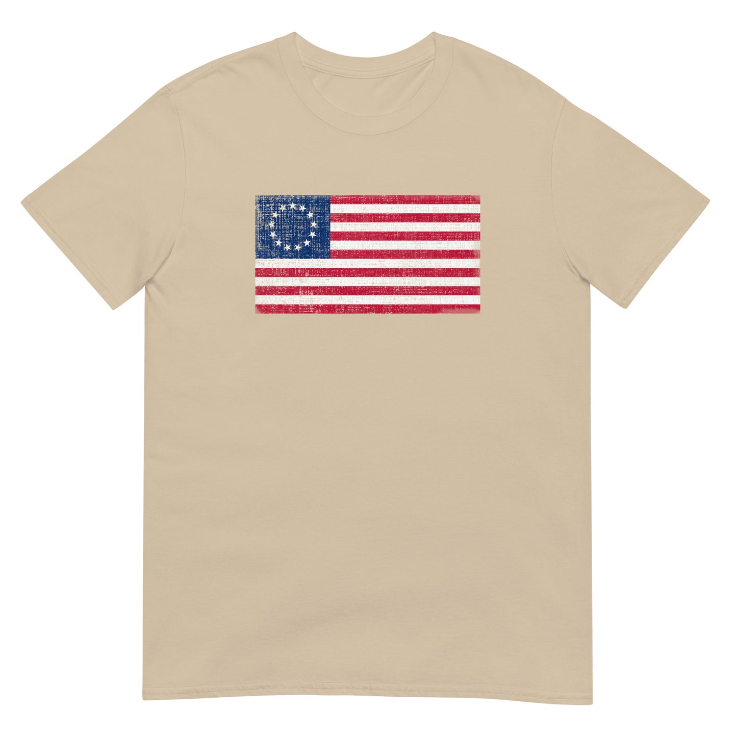 Sand unisex t-shirt with a distressed  image of a Betsy Ross Flag with 13 stars.