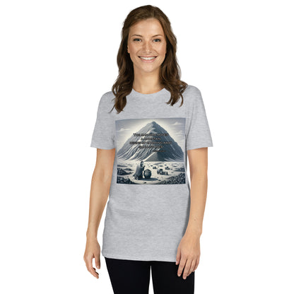Woman wearing sport grey t-shirt with graphic of mountain and asian man the words “The man who moves a mountain begins by carrying away small stones.”
