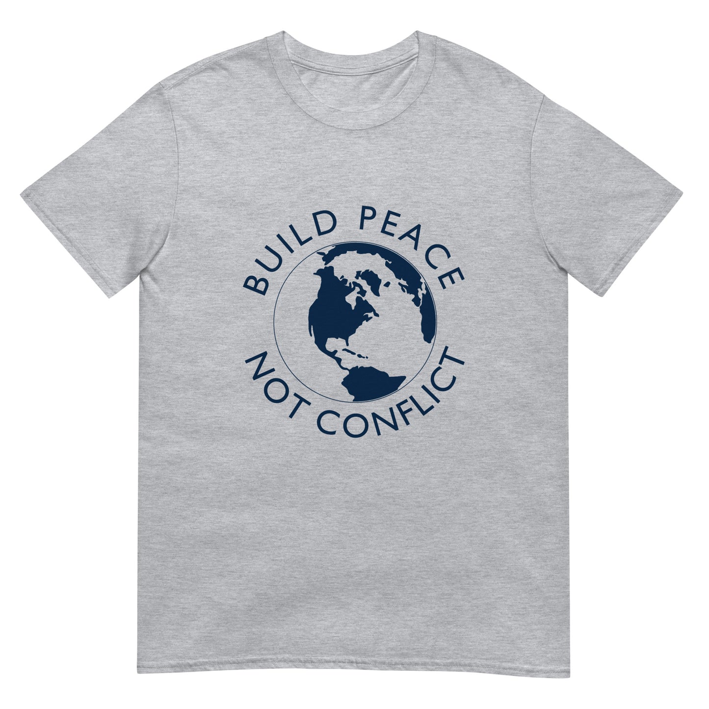 Sport grey t-shirt with Earth graphic and the words “Build Peace Not Conflict” in a circular design, inspired by Kant’s Perpetual Peace philosophy