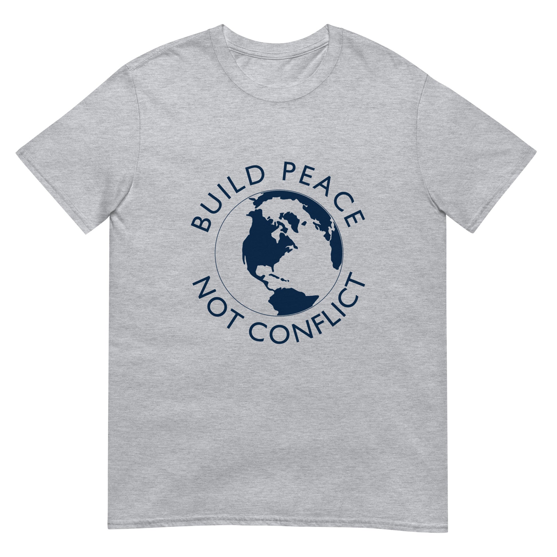 Sport grey t-shirt with Earth graphic and the words “Build Peace Not Conflict” in a circular design, inspired by Kant’s Perpetual Peace philosophy