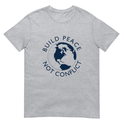 Sport grey t-shirt with Earth graphic and the words “Build Peace Not Conflict” in a circular design, inspired by Kant’s Perpetual Peace philosophy
