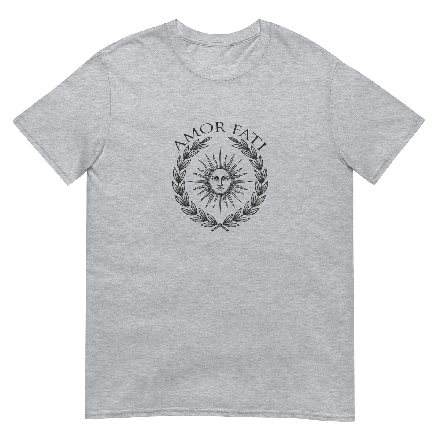 Sport grey classical Stoic philosophy t-shirt design featuring a radiant sun centered within a laurel wreath, rendered in an engraved vintage style emblem representing Amor Fati acceptance and Stoic wisdom.