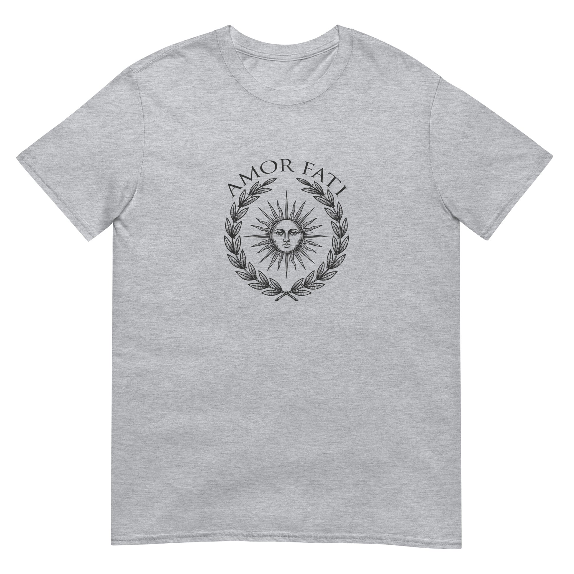 Sport grey classical Stoic philosophy t-shirt design featuring a radiant sun centered within a laurel wreath, rendered in an engraved vintage style emblem representing Amor Fati acceptance and Stoic wisdom.