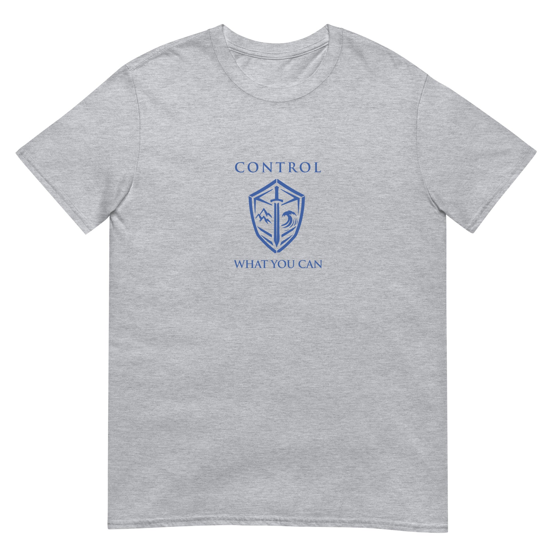 Sport Grey Control What You Can Stoic philosophy t-shirt featuring a minimalist shield emblem with structured serif typography in a clean symmetrical design.