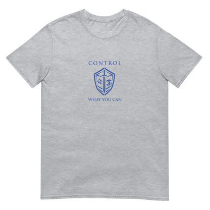 Sport Grey Control What You Can Stoic philosophy t-shirt featuring a minimalist shield emblem with structured serif typography in a clean symmetrical design.