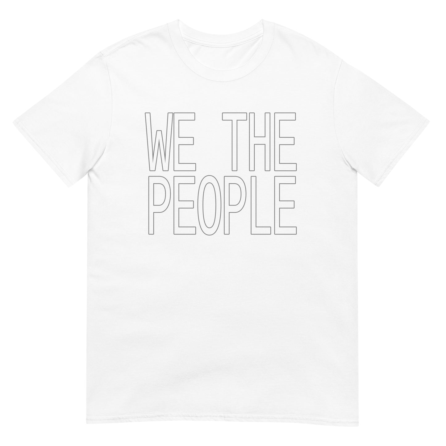 White t-shirt with the words 'WE THE PEOPLE' in black ink outlines of large block letters.