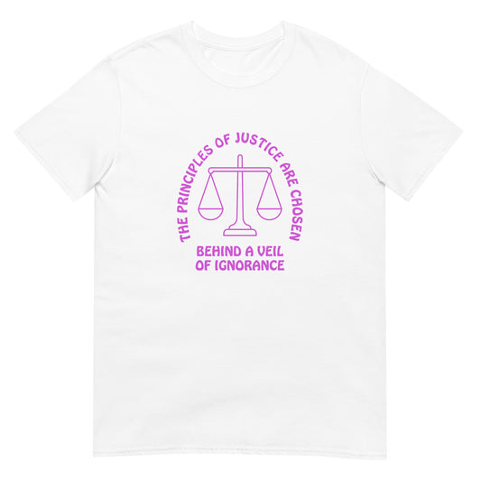 White t-shirt with pink text in an arch over a line drawing of the scales of justice "The Principles Of Justice Are Chosen" and horizontally cross the bottom of the design "Behind A Veil Of Ignorance"