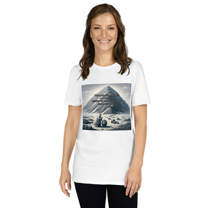 Woman wearing white t-shirt with graphic of mountain and Asian man the words “The man who moves a mountain begins by carrying away small stones.”