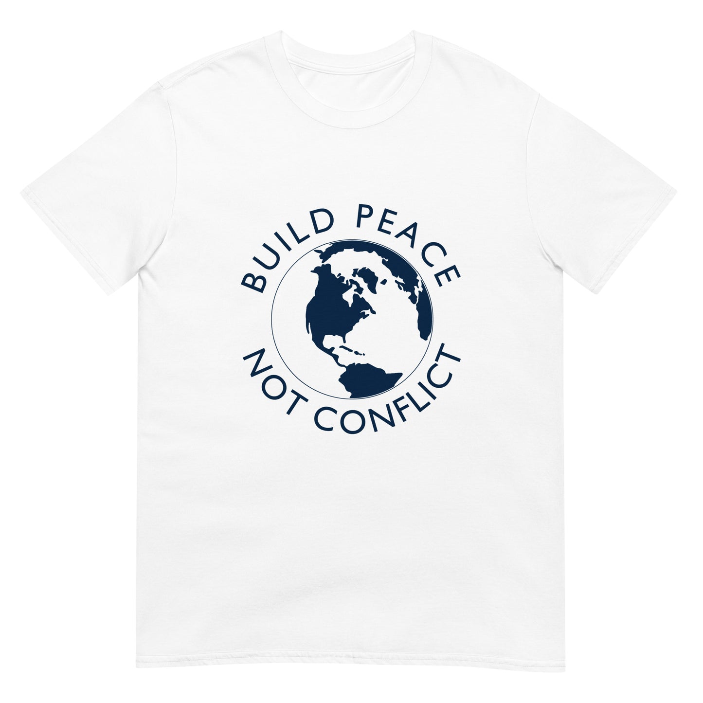 White t-shirt with Earth graphic and the words “Build Peace Not Conflict” in a circular design, inspired by Kant’s Perpetual Peace philosophy