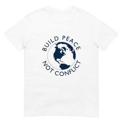 White t-shirt with Earth graphic and the words “Build Peace Not Conflict” in a circular design, inspired by Kant’s Perpetual Peace philosophy