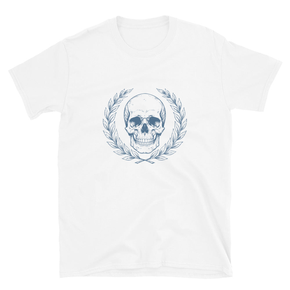 White t-shirt with engraved Roman-style skull with laurel wreath in minimalist stoic philosophy design