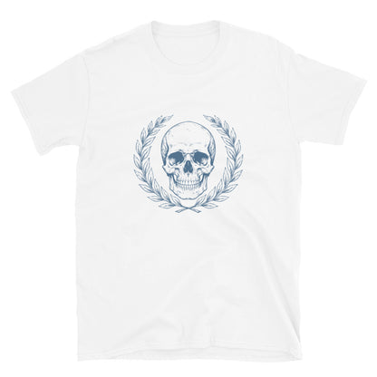 White t-shirt with engraved Roman-style skull with laurel wreath in minimalist stoic philosophy design