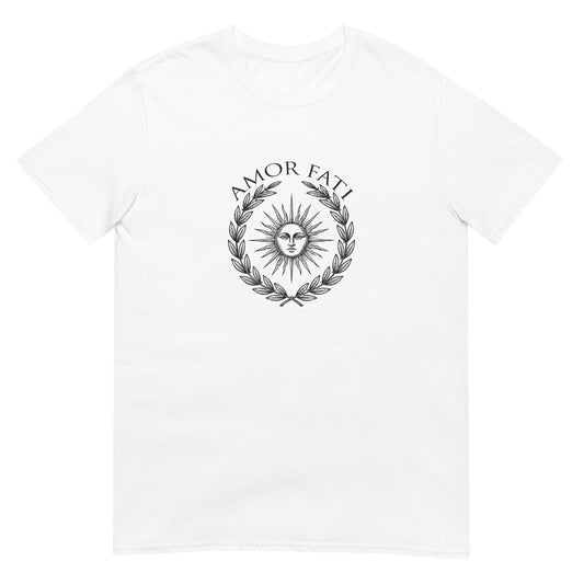 White classical Stoic philosophy t-shirt design featuring a radiant sun centered within a laurel wreath, rendered in an engraved vintage style emblem representing Amor Fati acceptance and Stoic wisdom.